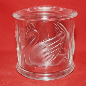 Vintage Crystal Frosted Embossed Glass Swan Jar with Lid Trinket Candy Dish Round