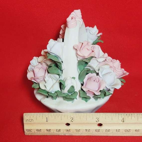Vintage Ceramic Rose Flower Basket Figurine With Pink Ribbon - Etsy