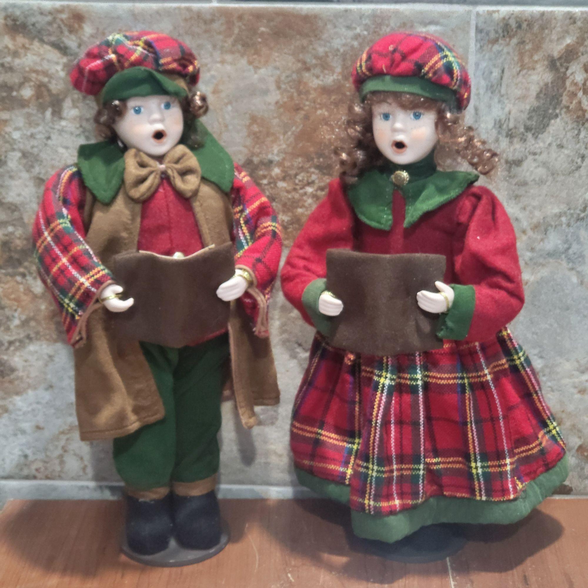 Vintage Christmas Carolers Boy and Girl Doll Holding Music 