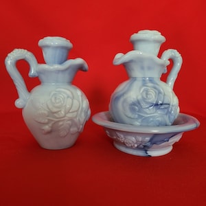 Pitcher & Bowl Bubble Bath Avon Victoriana Vintage Blue Rose 1978 Set of 3