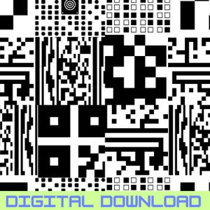 May include: A digital graphic featuring a repeating pattern of black and white squares, rectangles, and lines, including QR codes and barcode-like designs. The words "DIGITAL DOWNLOAD" are displayed in a blue font at the bottom.
