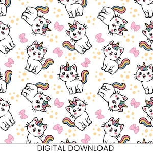 ユニコーン猫のシームレスパターン：かわいい猫の虹色のしっぽの生地デザイン（デジタルダウンロード）