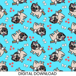 ユニコーン犬のシームレスパターン：かわいいパグ犬の生地デザイン（デジタルダウンロード）
