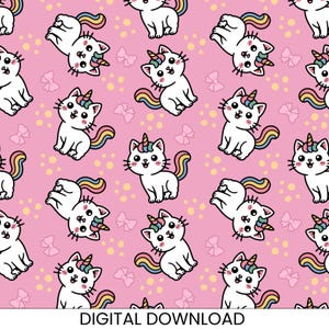 ユニコーン猫のシームレスパターン：ピンクの全面プリントのかわいいテキスタイルデザイン（デジタルダウンロード）