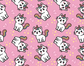 Einhorn Katze Muster: Pink All Over Print Kawaii Textil Design (Digitaler Download)