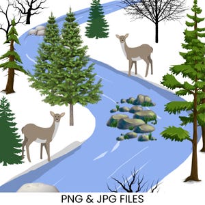 Winter Deer Scene Print: Snow, Trees, Cardstock Background (Digital Download)