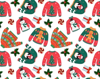 Patrón sin costuras de suéter navideño feo: estampado navideño retro (descarga digital)