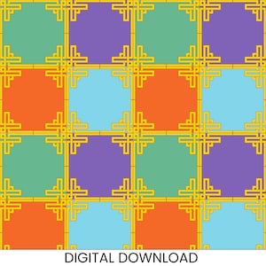 May include: A colorful digital download featuring a repeating pattern of squares in orange, green, purple, and blue. Each square is outlined in gold with a gold cross-like design in the center. The text "DIGITAL DOWNLOAD" is at the bottom.