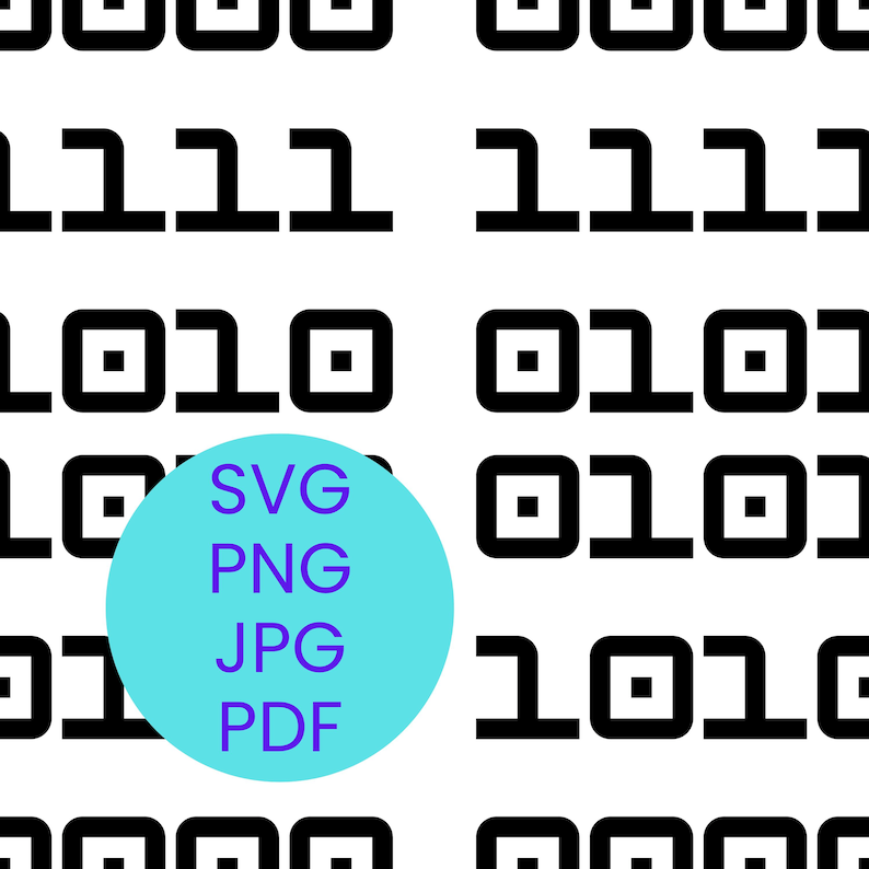 K&ouml;nnte beinhalten: Schwarzes und wei&szlig;es Bin&auml;rcode-Muster. Ein hellblauer Kreis in der Mitte zeigt den wei&szlig;en Text "SVG, PNG, JPG, PDF". Der Bin&auml;rcode besteht aus den Zahlen 0 und 1.