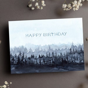 Birthday Card // Instant Digital Download // Forest // Blue Forest Watercolor // Blank Inside // Cute Birthday Card // Men&#39;s Birthday Card