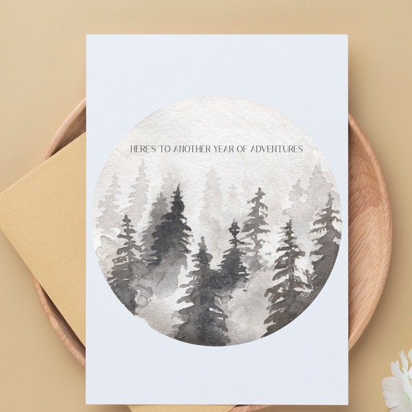 Birthday Card // Here's to Another Year of Adventures // Forest Birthday Card // Watercolor Design // Digital Print //