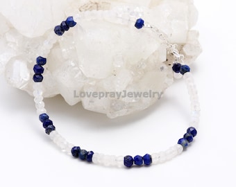 Lapis Lazuli & Rainbow Moonstone Bracelet: Faceted Rondelle Beads