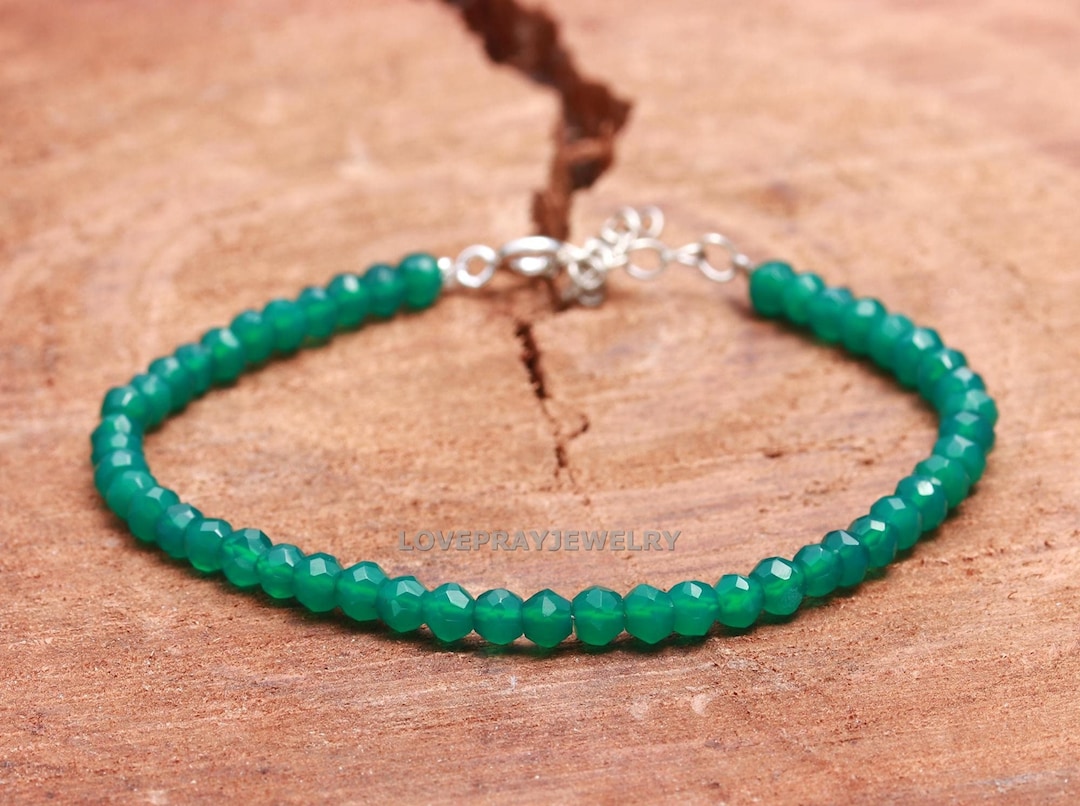 Green Onyx Bracelet, AAA Green Onyx Faceted Rondelle Beads, Delicate