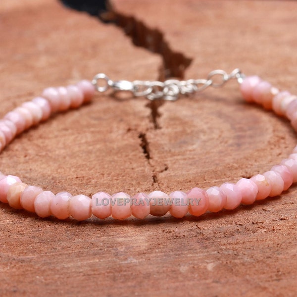 Bracelet opale rose, opale rose naturelle du Pérou, bracelet rondelles à facettes, bijoux délicats faits main pour femme, cadeau de pierre de naissance d'octobre