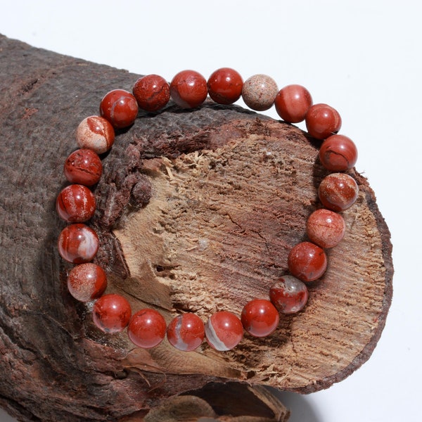 Bracelet en jaspe rouge, bracelet de perles en jaspe rouge naturel, bracelet rond lisse de guérison en jaspe de 8 mm, énergie positive, cadeau de Noël