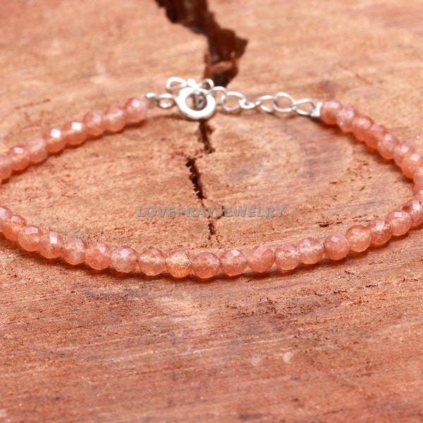 Bracelet en pierre de soleil, bracelet de perles rondes à facettes, pierres précieuses faites main de qualité AAA, bracelet en cristal de guérison 3-3,5 mm, pierre de naissance d'été, cadeau