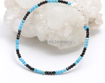 Blue Turquoise & Black Spinel Bracelet, Natural Turquoise And Black Spinel Faceted Rondelle Beaded Bracelet, Amazing Design Bracelet, Gift