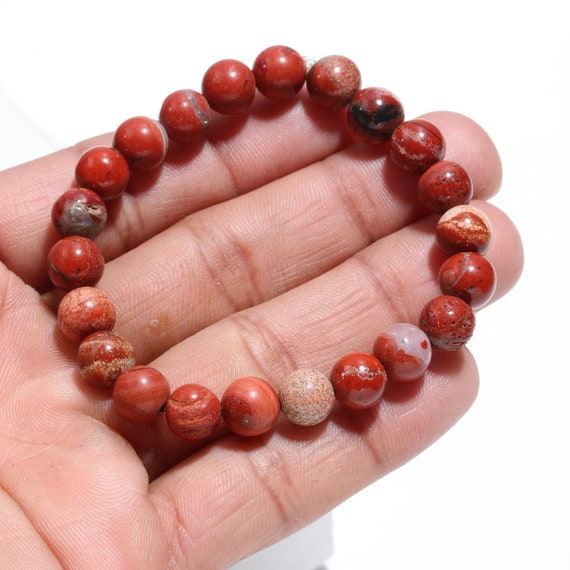 Red Jasper Beaded Bracelet: 8mm Smooth Gemstone, Positive Energy