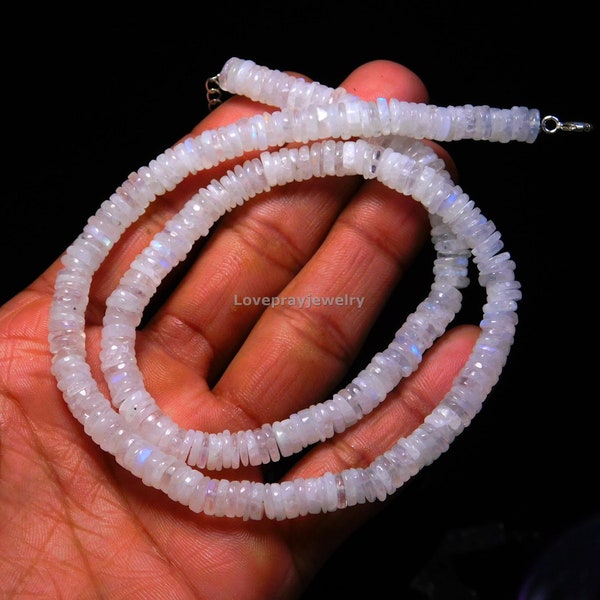 Natural Rainbow Moonstone Smooth Heishi Tyre Shape Gemstone Beaded Necklace 16 inches Yoga Necklace Beaded Gemstone Necklace Goddess Stone