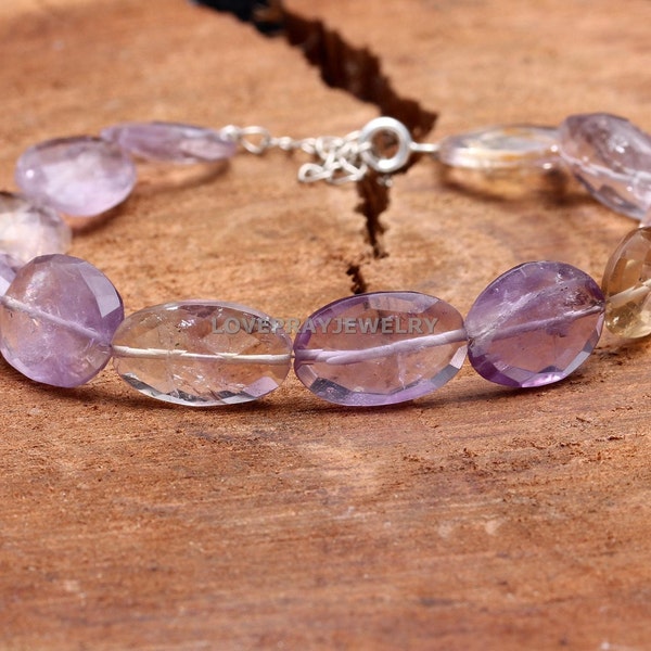 Bracelet en amétrine, bracelet de perles de pierres précieuses ovales à facettes en amétrine naturelle, bijoux perles tons jaune violet, bracelet cadenas en argent, cadeau