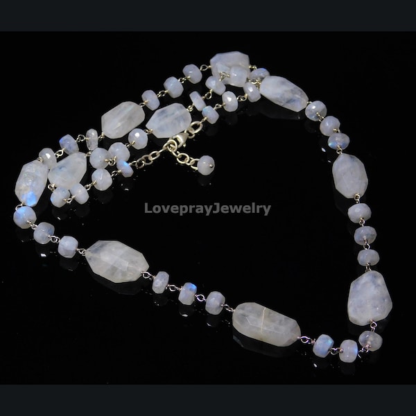 Rainbow Moonstone Necklace, Natural Flashy Moonstone Nuggets And Rondelle Shape Beaded Necklace,  Handmade Necklace, Dainty Jewelry, Gift