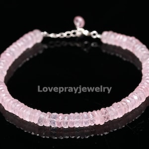 AAA Rose Quartz Bracelet: Faceted Heishi Tyre Beads, Handmade Silver Clasp