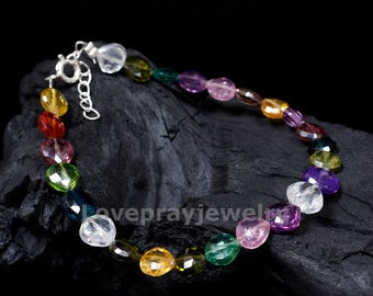 Handmade Multi Zircon Heart Bracelet: Faceted Gemstone Beaded Design