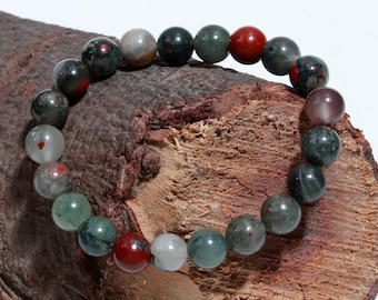 Bloodstone Bracelet, Heliotrope Gemstone, Energy Bloodstone Smooth Round Beaded Bracelet, March Birthstone, Opaque Green Jasper, Lucky Charm