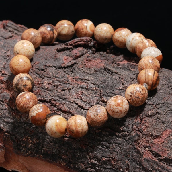 Picture Jasper Bracelet, Natural Jasper Smooth Round Gemstone Beaded Bracelet, 7-8mm Chocolate Jasper, Healing Energies Stone, Jasper Quartz