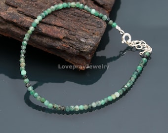 Bracelet émeraude, bracelet de perles rondes facettées émeraude verte naturelle, bracelet émeraude facette 3-3,5 mm - pierre de naissance en mai, cadeau pour femme
