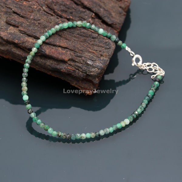 Pulsera esmeralda, pulsera de cuentas redondas facetadas de esmeralda verde natural, pulsera de esmeralda facetada de 3-3,5 mm - piedra de nacimiento de mayo, regalo para mujeres