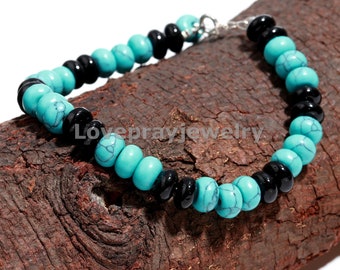Handmade Turquoise & Black Spinel Rondelle Bracelet: December Birthstone