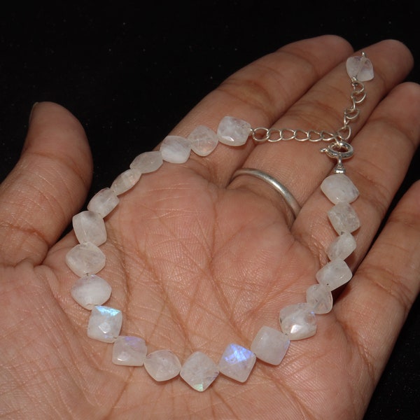 Rainbow Moonstone Beaded Bracelet , Unique Flashy Moonstone Faceted Cushion Shape Bracelet,Natural Moonstone Fancy Shape Beads,Bracelet Gift