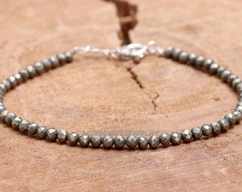 Pulsera de pirita natural, pulsera que fomenta la riqueza y el éxito, pulsera curativa unisex de plata de ley 925, cuentas de piedras preciosas de cristal de pirita