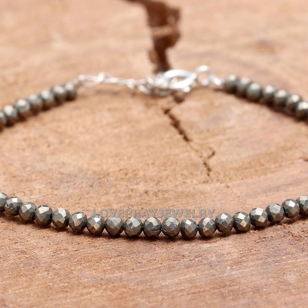 Bracelet en pyrite naturelle, bracelet encourageant la richesse et le succès, bracelet de guérison unisexe en argent sterling 925, perles de pierres précieuses en cristal de pyrite