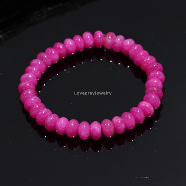 AAA Pink Chalcedony Bracelet, Natural Deep Hot Chalcedony Smooth Rondelle Gemstone Beaded Bracelet, Healing Bracelet, Positive Pink Bracelet