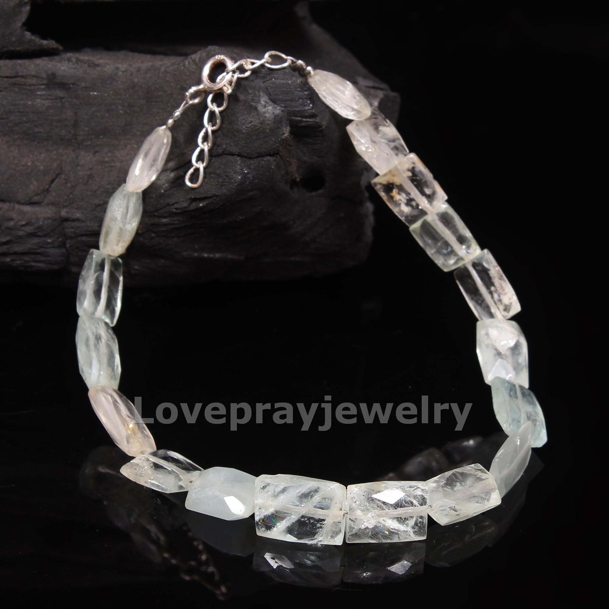 ハンドメイドAAAアクアマリンブレスレット：スターリングシルバー留め