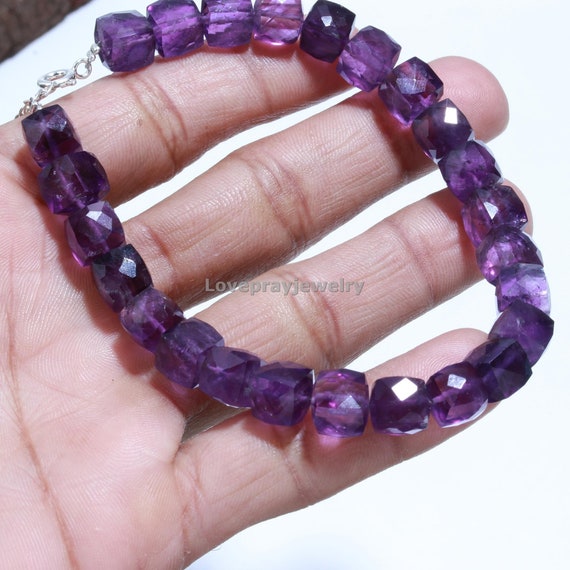 Faceted Amethyst Cube Bracelet: Handmade Beaded Gemstone Jewelry