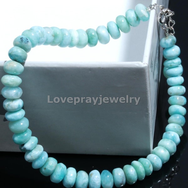 Larimar Bracelet, Natural Dominican Larimar Smooth Rondelle Beaded Bracelet, Aqua Beach Jewelry,6-7mm Larimar Quartz, Calming Bracelet Gift