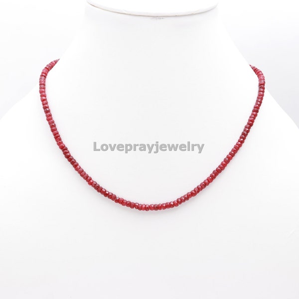 Genuine Ruby Necklace, Ruby Corundum Faceted Rondelle Beaded Necklace, Semi-Precious Ruby Beads, Ruby Gemstone Jewelry, Ruby Necklace Set