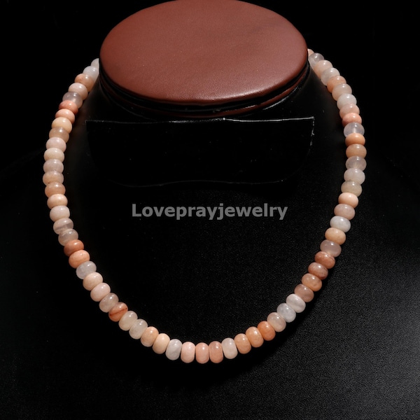 Peach Moonstone Necklace, 8mm Smooth Rondelle Gemstone Beaded Necklace, Sweet Simplicity Stone, Handmade Necklace for Women's Gift