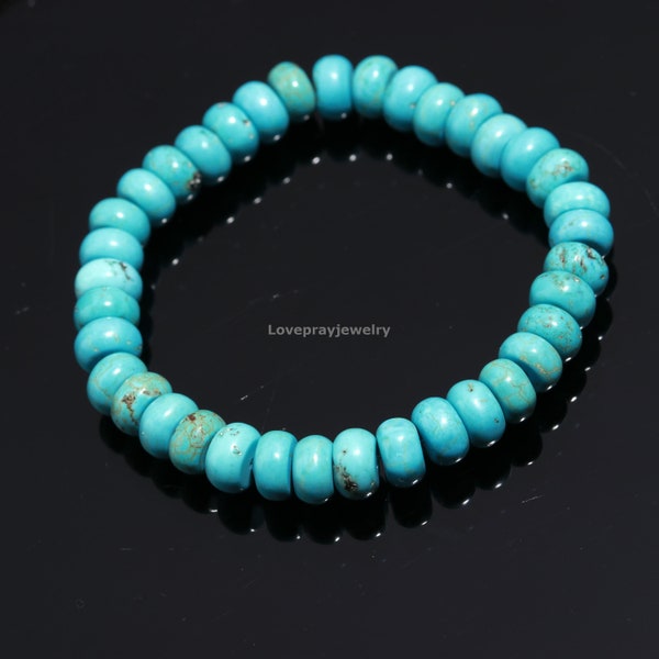 Bracelet turquoise véritable, bracelet de perles de pierres précieuses rondelles lisses synthétiques turquoise naturelle, bracelet de guérison, bracelet d'amitié, cadeau