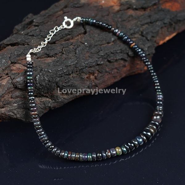 Black Ethiopian Opal Bracelet, Natural Flashy Ethiopian Opal Smooth Rondelle Beaded Bracelet, Welo Fire Opal, Energy Of Love Bracelet, Gift