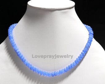 Blue Aqua Chalcedony Necklace, Aqua Chalcedony Smooth Rondelle Gemstone Beaded Necklace, Hand Craft Bohemian Necklace, Wedding Gift