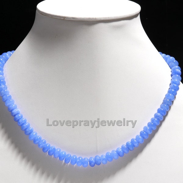 Blue Aqua Chalcedony Necklace, Aqua Chalcedony Smooth Rondelle Gemstone Beaded Necklace, Hand Craft Bohemian Necklace, Wedding Gift