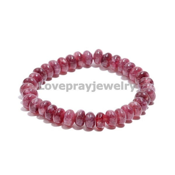 Beau bracelet en tourmaline rose, bracelet de perles de pierres précieuses rondes lisses en tourmaline/pierre d'amour/bracelet extensible fait main pour femme