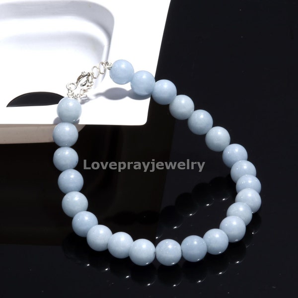 Blue Angelite Bracelet, Natural Angelite Smooth Round Gemstone Beaded Bracelet, AAA+ Quality Bead Bracelet, Peace and Tranquility Bracelet