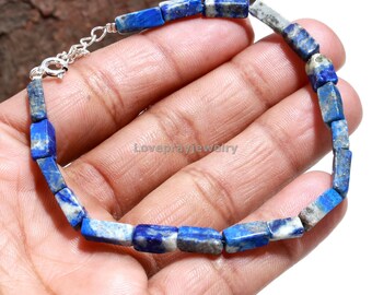 Bracelet Perles Lapis Lazuli Naturel Argenté - Taille Ajustable 6-8 Pouces | Neuf