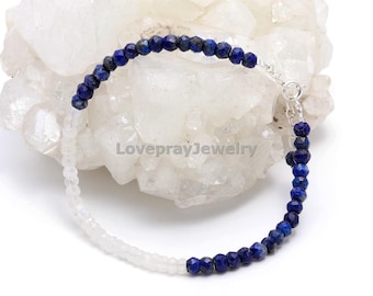 Lapis Lazuli & Rainbow Moonstone Bracelet,Natural Lapis Lazuli and Rainbow Moonstone Faceted Rondelle Beaded Bracelet, Friendship Bracelet