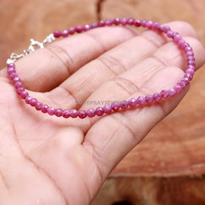 Ruby Bracelet,Natural Red Ruby Faceted Round Beaded Bracelet, 3 mm Faceted Red Ruby Bracelet, July Birthstone ,Gift For Woman